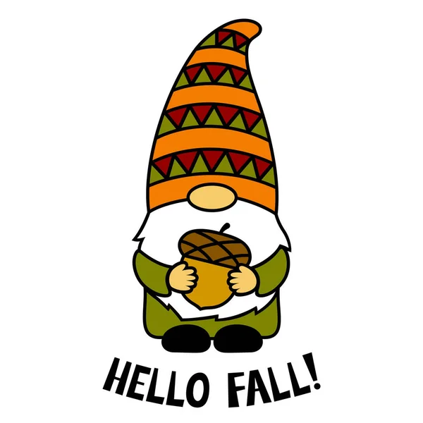 Gnomo Con Ghianda Frase Hello Fall Giorno Del Ringraziamento Illustrazione — Vettoriale Stock