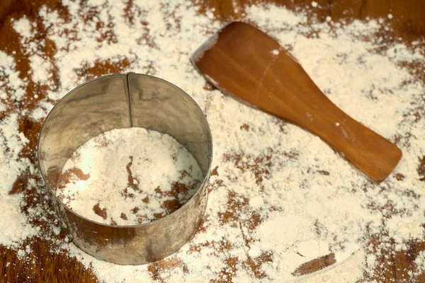 Wooden Table Flour Cake Pan Wooden Paddle — Stockfoto