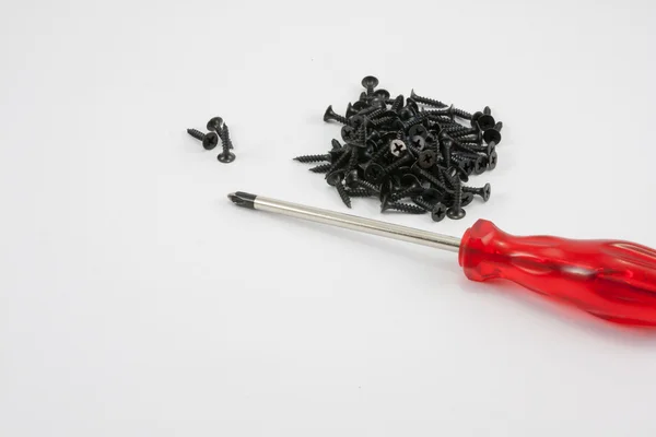 Red screw driver and black screw — Stock Photo, Image