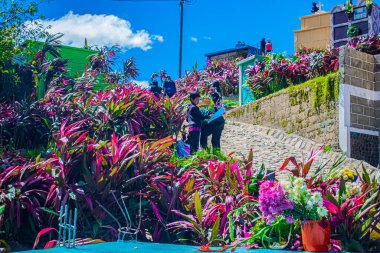 Mezarlıktaki insanlar arasında çiçekler ve patikalarla süslenmiş.