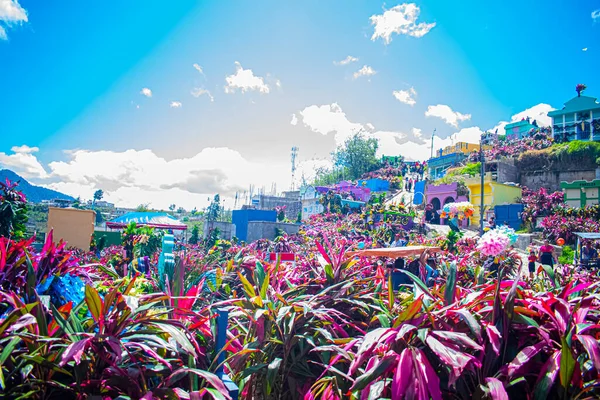 Färgglada Blommor Kyrkogården Med Himmel — Stockfoto