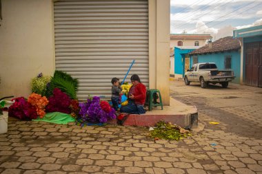 Maya yerlisi bir kadın bebeğiyle oturup Cajola 'da çiçek satıyor.