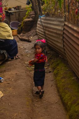 Tipik elbiseli kız Lamna 'nın altında yürüyor