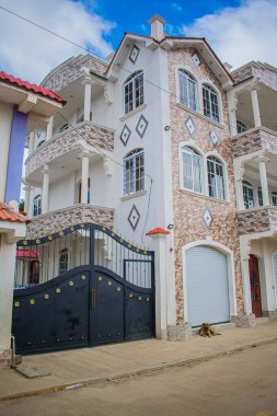 white house on the roadside with windows and large columns with black door