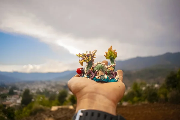 Beau Dragon Dans Petites Mains Colorées — Photo