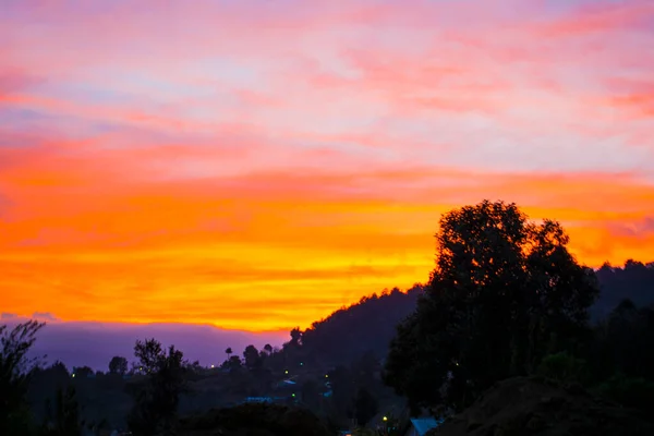 Ciel Rouge Coucher Soleil Avec Silhouette Arbres — Photo