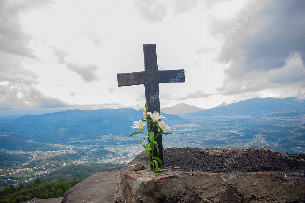 sacred mayan alatar in cerro el granizo with mountain landscape in the background