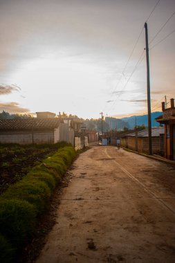 Gündoğumu yolun ortasında, güneş gören bir sokak lambasıyla.