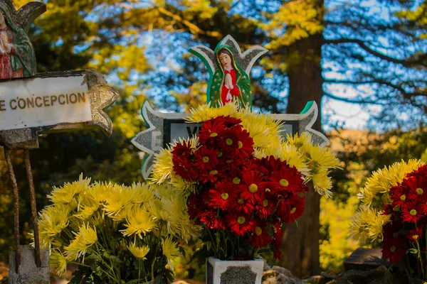 Red Flowers Decorating Cross Virgin Guadalupe — Stock Photo, Image