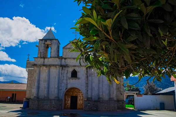 Fachada Iglesia Católica Con Gran Puerta Madera Con Hojas Verdes — Foto de Stock