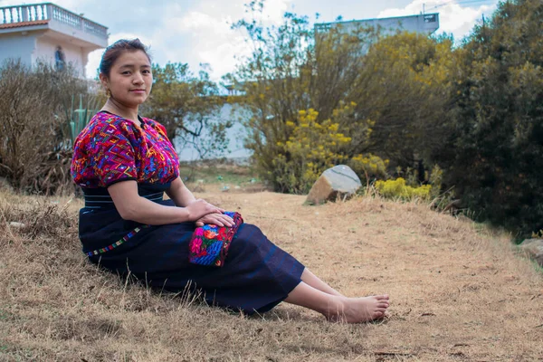 Beautiful Woman Sitting Field Typical Cajola Costume — Stock Photo, Image