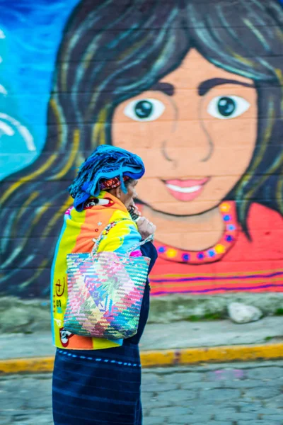 Mulher Indígena Andando Rua Com Fundo Mural — Fotografia de Stock