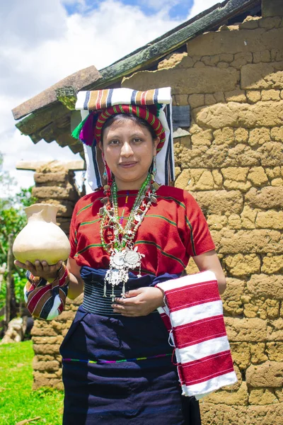 Hermosa Mujer Indígena Traje Típico Con Una Jarra Collares Bronce —  Fotos de Stock