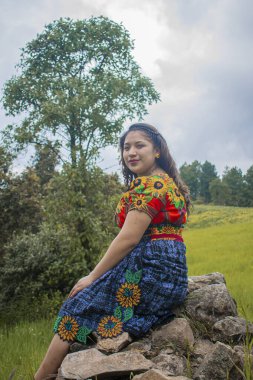 Arka planda ağaçlar olan tipik Maya kostümü içinde kayaların üzerinde oturan kadın.