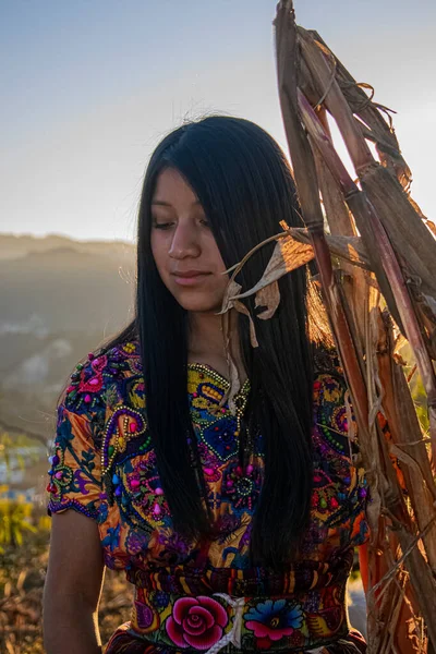 Woman Black Hair Colorful Mayan Clothes Tree Branches — Stock Photo, Image