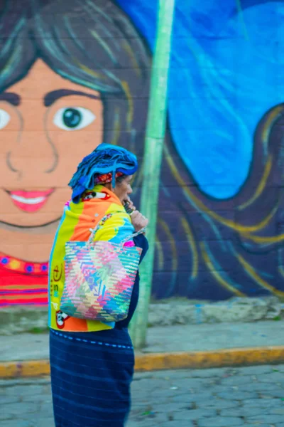 Mujer Anciana Indígena Caminando Por Calle Con Mural Fondo —  Fotos de Stock