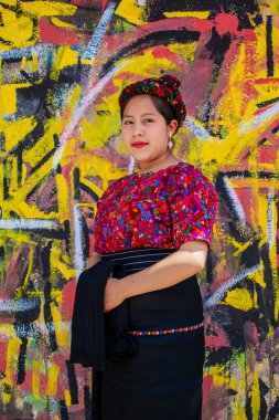 Arka plan duvarlı, tipik renkli elbisesi olan güzel bir kadın.