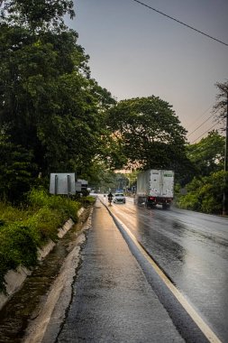 Karavan ve ağaçlarla kaplı yol manzarası
