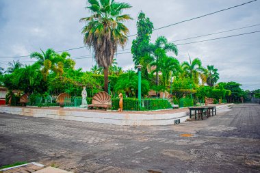 Gri bulutlu palmiyeleri olan güzel Champerico Parkı