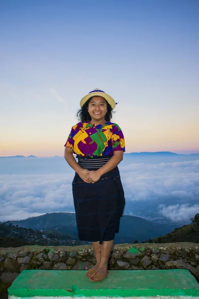 Beautiful Indigenous Maya Woman Clouds Background — Stock Photo, Image