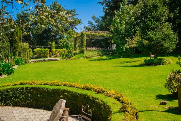 Groen Gazon Met Prachtig Tuinlandschap Met Bomen Achtergrond — Stockfoto