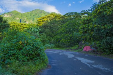 Uzaklardaki dağlarla güzel bir yol manzarası