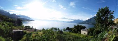 panoramik gündoğumu göl manzarası yeşil ağaçlarla