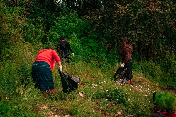 Ormanda Maya kızı siyah çantayla çöp topluyor.