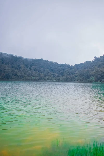 Beau Lac Avec Arbres Dans Les Montagnes Avec Nuages — Photo