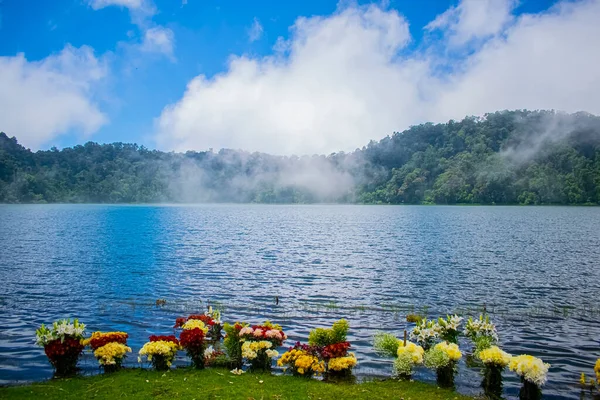 Lago Azul Com Nuvens Flores Costa — Fotografia de Stock