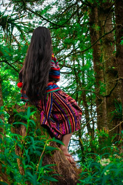 Mooie Vrouw Zittend Het Bos Met Typische Kleding Lang Haar — Stockfoto