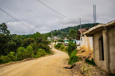 Sahilde bulutlu ormanlı eski bir kerpiç evi.