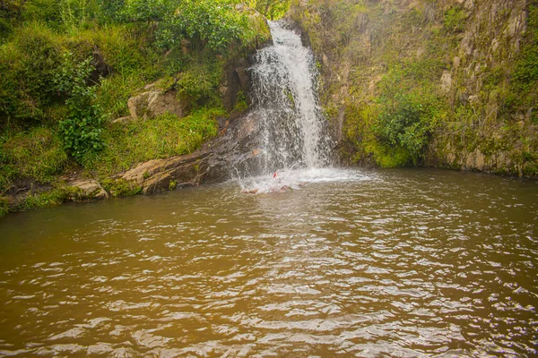 Bela Cachoeira Cercada Por Rochas Grama Árvores Formando Uma Lagoa — Fotografia de Stock