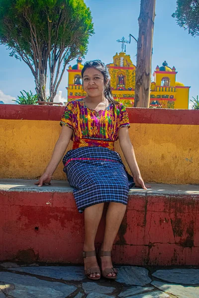 Mayan Lady Sitting Front Church Her Trees Beautiful Sky — Stock Photo, Image
