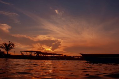 Beautiful summer sunset bluish sky, flared clouds waves, palm trees, sea and sand