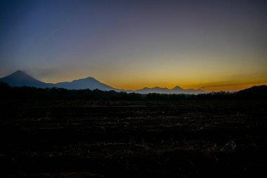 sunrise landscape with blue sky with dry field