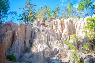 Momostenango 'da mavi gökyüzü olan ağaçlarla dolu bir uçurum