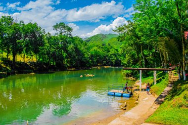 Kıyısında ağaçlar olan nehir ya da mavi gökyüzü olan dağların manzarası
