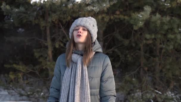 Ein junges Mädchen mit warmer Strickmütze und Schal lässt in der Kälte im Wald Dampf aus ihrem Mund ab — Stockvideo