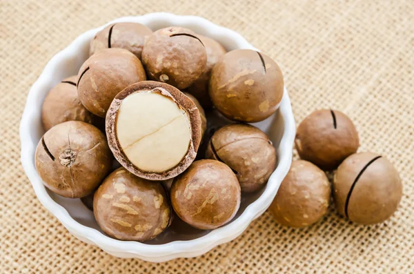 Macadamianötter i vit skål. — Stockfoto