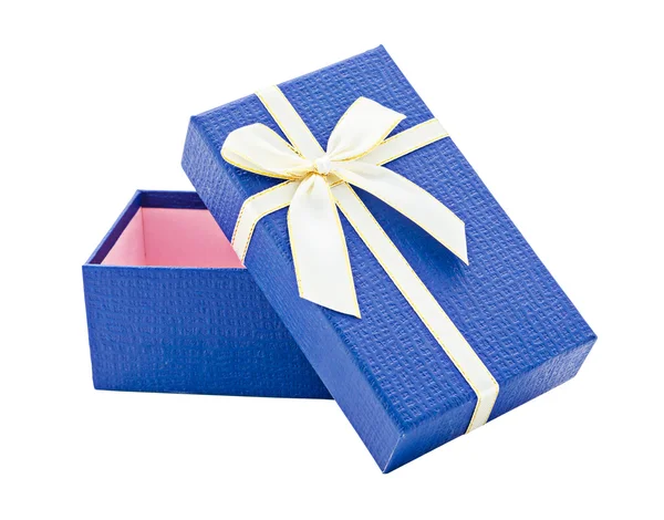 Scatola regalo aperta blu con nastro bianco e oro . — Foto Stock