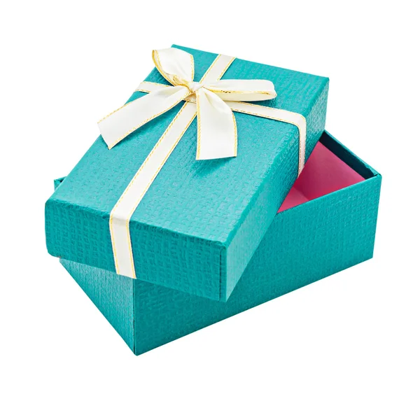 Caixa de presente aberta azul com arco branco. — Fotografia de Stock