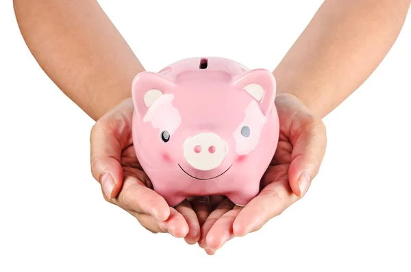 Female holding a pink piggy bank — Stock Photo, Image