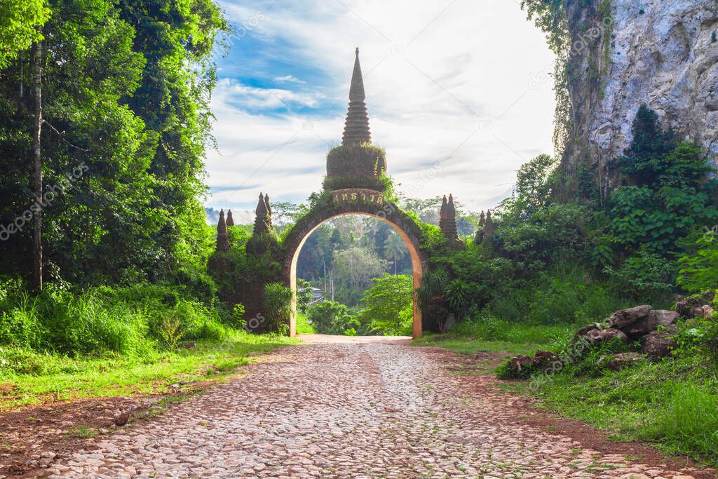 Temple gate at Khao Na Nai Luang Dharma Park in Surat Thani, Thailand. Unseen Thailand travel destination.