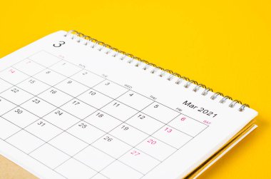 Mart 2021 Takvim masasını düzenleyicinin sarı masaya planlayıp hatırlatması için kapat.
