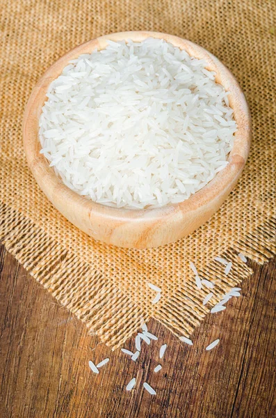 Organic Thai Jasmine Rice Grain Wooden Bowl Preparing Cooked — Stock Photo, Image