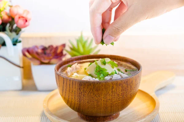 Zuppa Cagliata Maiale Soia Macinata Ciotola Legno — Foto Stock