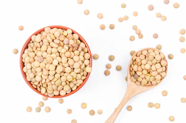 Lentils Seeds Wooden Spoon White Background — Stock Photo, Image