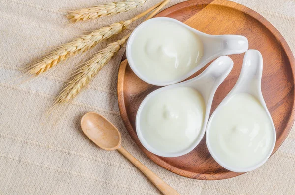 Greek Yogurt White Bowl Dry Barley Tablecloth — Stock Photo, Image