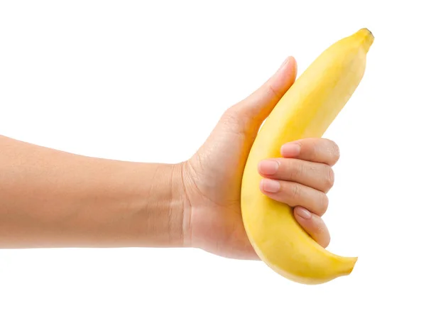 Hand Hält Reife Bananenfrüchte Isoliert Auf Weißem Hintergrund Speichern Clipping — Stockfoto